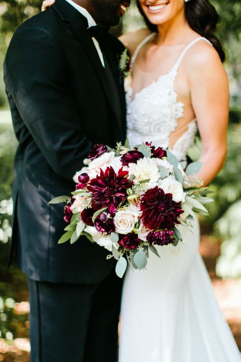 Ivory and Burgundy Bouquet of Roses, Ranunculus and Dahlias Burgundy Bouquets For Bride, Burgundy And Ivory Bouquet, Dalia Wedding Boquet, White And Burgundy Bouquet, Wedding Bouquets Dahlia, Wedding Bouquets Burgundy, Dahlia Bridal Bouquet, Burgundy Wedding Bouquet, Wedding Ceremony Unity Candle