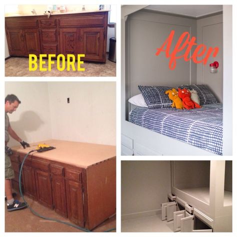 We took our old 1970's bathroom vanities and turned them into great beds with tons of storage. This project is perfect for kids' rooms! When we remodeled our 1979 house, we needed ways to increase storage space without increasing square footage. Making built-in beds with TONS of storage was one of the ways we did this. This project was very budget friendly. It also helped us increase the size of the bedroom this was used in... the existing closet was removed and all of the built-i… Dresser Platform Bed Diy, Old Bathroom Vanity, Upcycled Bathroom, Storage Attic, Cama Closet, Kid's Bed, Furniture Repurposing, Hometalk Diy, Kids Beds With Storage