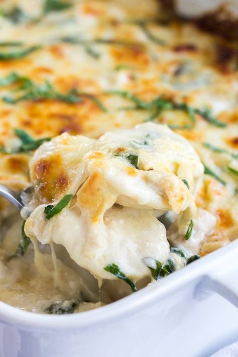 Spinach & Chicken Alfredo Ravioli Bake is a weeknight favorite the whole family loves! Loaded with a creamy sauce, chicken, and fresh spinach, this pasta bake will become part of your regular dinner rotation! #BreadBoozeBacon #spinach #chicken #ravioli Ravioli Chicken Bake, Baked Spinach Ravioli, Alfredo Ravioli Bake, Spinach Chicken Alfredo, Chicken Alfredo Ravioli, Ravioli Chicken, Ravioli Alfredo, Alfredo Ravioli, Alfredo With Chicken