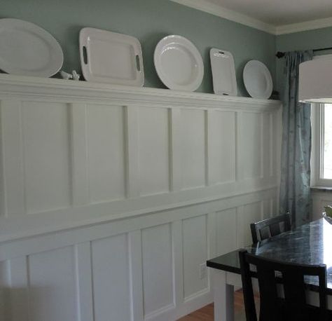 Wainscoting with a plate rail Chairrail Wainscoting Dining Room, Tall Beadboard Wainscoting, Raised Panel Wainscoting, How Tall Should Wainscoting Be, Wayne’s Coating Dining Room, Wainscoting Staircase, Wainscoting Hallway, Wainscoting Kitchen, Wainscoting Stairs