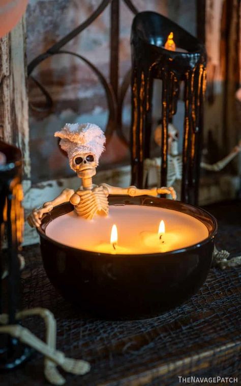 Easy DIY Halloween Candles | How to make candles | Easy candle making | Easy Halloween decor DIY | Easy Halloween crafts | Dollar Tree Halloween | DIY Candle | Halloween decor ideas DIY | bathing skeleton candle | skeleton in bath candle | skelly bath candle | #TheNavagePatch | TheNavagePatch.com Candle Bowls Diy, Halloween Candle Ideas, Skeleton Fairies, Halloween Candles Diy, Skeleton Candle, Candles Halloween, Moussaka Recipe, Candle Halloween, Dollar Tree Halloween