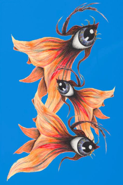 Fish Surrealism Art, Strange Art Surrealism, Goldfish Art Illustrations, Fish Surrealism, Goldfish Drawing, Gold Fish Painting, Painting Jeans, Goldfish Art, Surealism Art