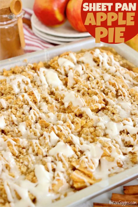 Cinnamon spiced apple filling nestled in a buttery pie crust and topped in a delicious oat crumble and sweet sugar glaze.