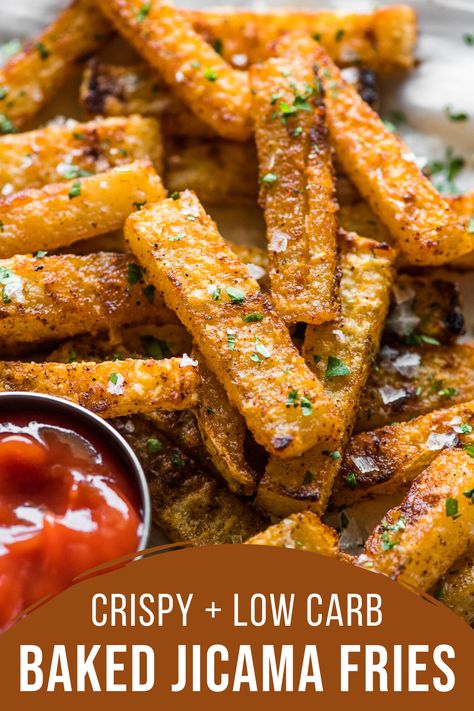 These crispy and deliciously seasoned jicama fries are baked in the oven to golden brown perfection! Made with only 5 simple ingredients, these jicama fries are gluten free, low carb, keto, paleo, and vegan! #jicamafries #keto #lowcarb Keto Jicama Recipes, Vegan Jicama Recipes, Keto Jicama Fries Air Fryer, Jicama Fries Baked, Optavia Jicama Fries, Jicama Recipes, Rutabaga Fries, Jicama Recipe, Jicama Fries