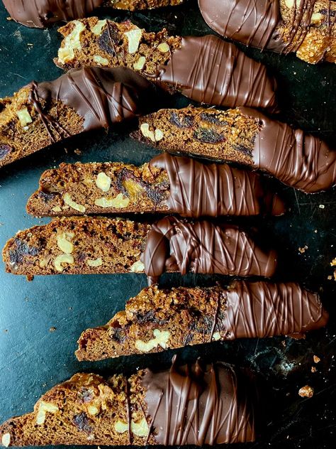 Gingerbread-Date Biscotti - by Susan Spungen - Susanality Date Biscotti, Susan Spungen, Gingerbread Biscotti, List Of Spices, Family Baking, Have A Lovely Weekend, Baking Project, Chocolate Dipped, Cookie Bars