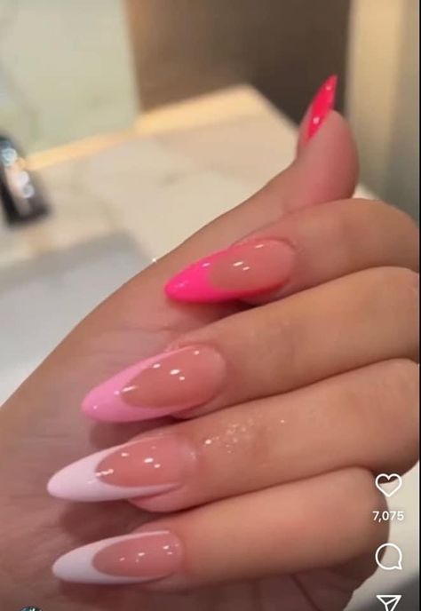 Flirty Nails Designs, Colored French Tip Nails Almond Shape, Girly Almond Nail Designs, Pink Bday Nails Almond, Baddie Almond Nails Pink, Pink Ombré French Nails, Almond Nails Designs 2023, Flashy Nail Designs, Pink Almond French Nails