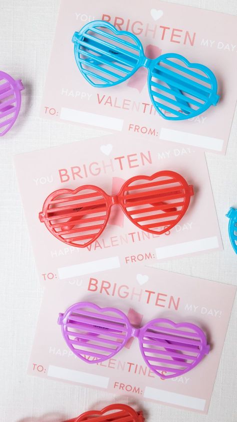 You BRIGHTEN my day Valentine, free downloadable printable valentine for sunglasses. Candy free Valentine option. Sunglasses Valentines Ideas, Valentine Glasses Printable, Glasses Valentine Free Printable, Sunglasses Valentine Printable Free, Sunglass Valentines For Kids, Playful Sunglasses For Valentine's Day Party, Heart Glasses Valentine Free Printable, Heart Sunglasses Valentine For Kids, Valentine Sunglasses