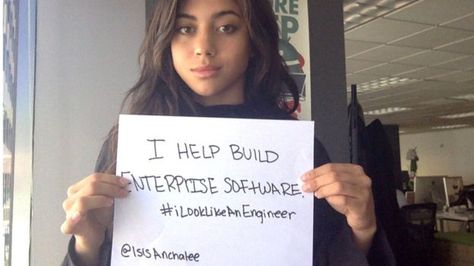 Isis Anchalee holding up a sign which says Female Engineer, Gender Stereotypes, Gender Inequality, Social Media Campaign, Badass Women, Software Engineer, Computer Science, Cookies Et Biscuits, A Woman