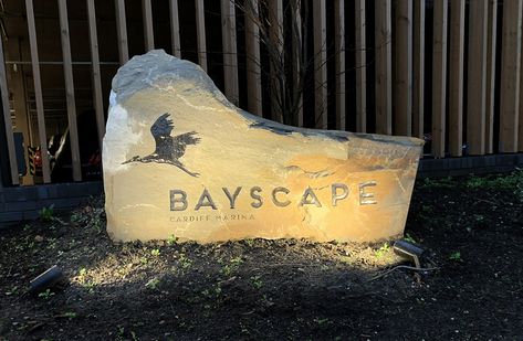 Stone Signage Outdoor, Stone Signage Design, Stone Signage, House Number Ideas Outdoor, Entrance Signage, Illuminated Signage, Cardiff Bay, Park Signage, Bar Signage