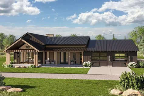 2-Bed Barndominium House Plan with Outdoor Fireplace - 2199 Sq Ft - 623444DJ | Architectural Designs - House Plans Barndominium With A Basement, Barndominium Styles, 1 Story Barndominium Floor Plans, Granny Cottage, Lakehouse Ideas, Barndominium House, Large Garage, Creek House, Rustic Homes