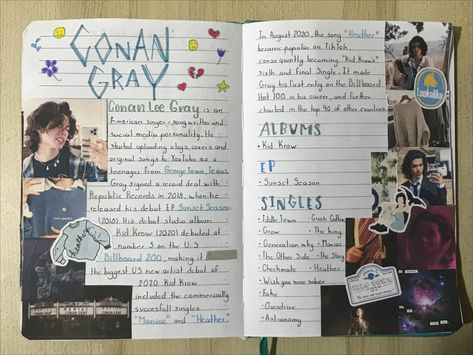 Hey yall! Today I decided to create a journal page for Conan because he is amazing😭🖐 Conan Gray Journal Ideas, Conan Gray Journal, Concert Journal, Create A Journal, Potter Fanart, Music Journal, Habit Tracker Bullet Journal, Bujo Ideas, Hey Yall