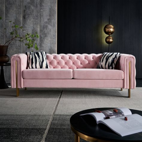 Fuschia Velvet Sofa, Couch Lounge Sofa, Pink Tufted Couch, Pink Fushia Sectional Sofa, Pink Long Velvet Couch, Pink Energy, Hot Pink Victorian Couch, Salon Simple, Tufted Chesterfield Sofa