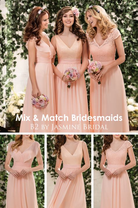 Jasmine Bridal - Mix & Match Bridesmaids | Designer Bridesmaid Dresses | Simple Bridesmaid Dresses | #bridesmaidgoals #weddinginspiration #bridesmaiddresses #mixandmatch #outdoorwedding Melon Bridesmaid Dresses, Peach Pink Bridesmaid Dresses, Light Peach Bridesmaid Dresses, Peach Color Bridesmaid Dresses, Bridesmaid Dresses Peach, Trendy Bridesmaid Dresses, Jasmine Bridesmaids Dresses, Bridesmaid Dresses Simple, Mix Match Bridesmaids