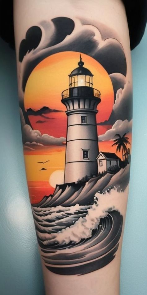 Lighthouse Tattoo Neotraditional, Lighthouse Cover Up Tattoo, Lighthouse Tattoo Color, Ocean Tattoo Design, Lighthouse Tattoo Design, Flash Tattoo Sleeve, Lighthouse Tattoo Meaning, Traditional Lighthouse Tattoo, Lighthouse Tattoos