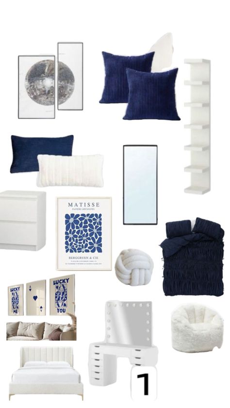 🎱 Blue And White Bedroom Ikea, Dark Blue Bed Ideas, Bedroom Aesthetic Navy Blue, Blue And Wood Room Aesthetic, Navy Minimalist Bedroom, Navy Blue And White Bed, Navy Room Inspiration, Navy Blue College Dorm, Navy Grey And White Bedroom