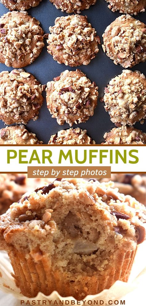 Collage for pear muffins with text overlay. Pear Almond Muffins, Pear Fritters Recipe, Zucchini Pear Muffins, Pear Cupcakes Recipes, Date Muffins Recipes Healthy, Pears Recipes Easy Healthy, Pear Oatmeal Muffins, Pear Muffins Recipes Easy, Pear Muffins Healthy