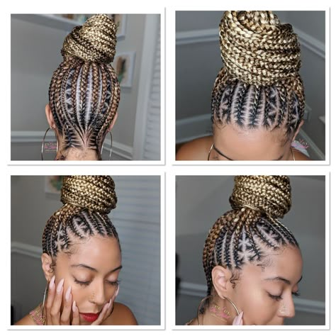 Blonde Braided Updo For Black Women, Blonde Cornrow Ponytail, Updo Feed In Braids, Cornrows Updo Bun, Upstyle Braids For Black Hair, Upstyle Braids, Ponytail Braided Hairstyles, Braided Updo Black Hair, Ghana Cornrows