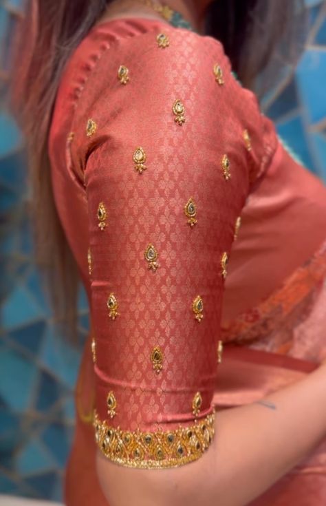 Butta Work Blouse Designs, Simple Butta Blouse Design, Aari Work Butta Design Blouse, Butta Work On Blouse, Blowes Design Latest, Copper Aariwork Blouse Designs, Butta Hands For Blouses, Pink Blouse Designs, Latest Bridal Blouse Designs