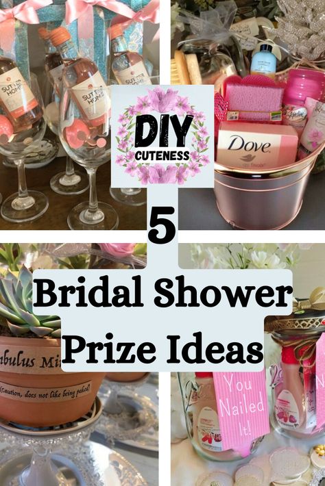 5 Bridal Shower Prize Ideas Bridal Shower Prize Baskets Ideas, Prizes For Wedding Games, Bridal Shower Games Gifts For Guests, Bridal Shower Games Gifts, Bachelorette Game Prizes Ideas, Bridal Shower Party Gifts Prize Ideas, Prize For Bridal Shower Games, Bridal Party Prizes, Wedding Game Prizes