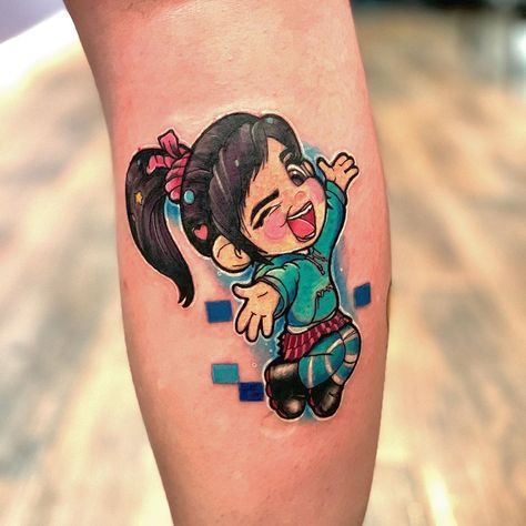 Tony Davis on Instagram: “Venelope from Wreck-It Ralph from the other day. 🍭” Wreck It Ralph Tattoo Ideas, Wreck It Ralph Tattoo, Vanellope Y Ralph, 90s Tattoos, Disney Sleeve, Princess Tattoo, Vanellope Von Schweetz, Knee Tattoo, Wreck It Ralph