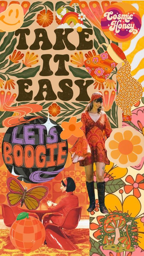 70s Orange Aesthetic, 70s Moodboard, 70s Collage, 70s Hippie Aesthetic, Aesthetic Heaven, 60s Print, Background Characters, Beginner Yoga Workout, Graphic Design Style