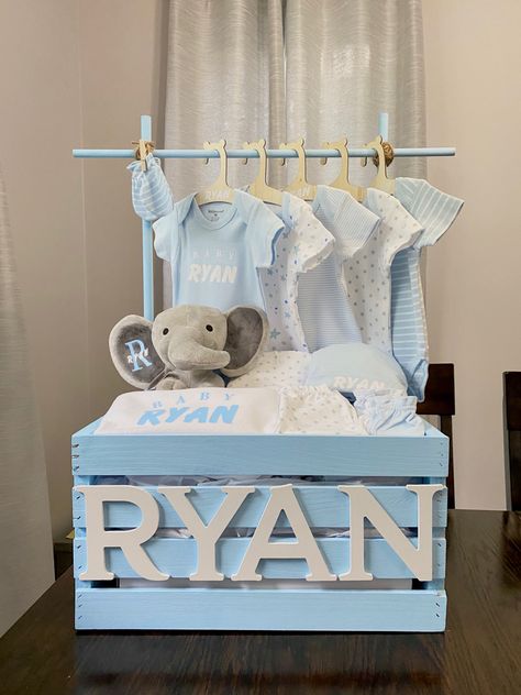 Baby Clothes Basket Gift, New Baby Hamper, Baby Gift Basket Ideas For Boys, Gender Reveal Ideas Closet, Baby Clothes Rack Gift Basket, Babyshower Gift Idea Boys, Baby Shower Crate Gift Basket For Boy, Baby Clothes Gift Basket, Unique Baby Shower Gifts For Boys