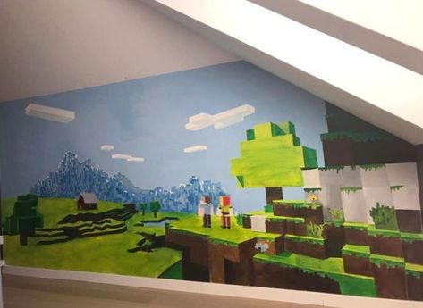 Acrylic mural Game landscape Minecraft Minecraft Wall Mural, Minecraft Mural, Landscape Minecraft, Game Landscape, Minecraft Bedroom, Mural Wall, Bedroom Goals, Wall Mural, Art Works