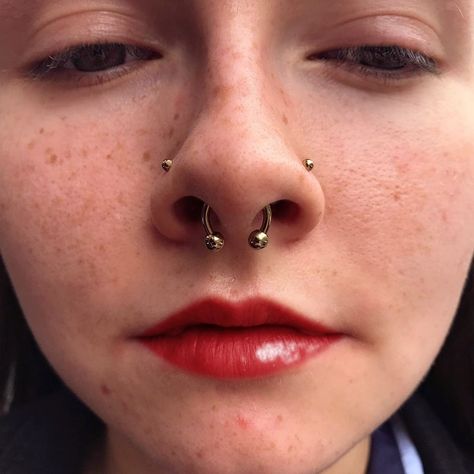 2 Nose Piercings On Each Side And Septum, Double Nose Piercing Different Sides With Septum, Nose Piercing Both Sides And Septum, Nose Piercing Septum And Side, Triple Nose Piercing Different Sides, Nostril Piercing Both Sides, Double Nostril And Septum, Nose Piercings On Both Sides, Nose Piercing Both Sides