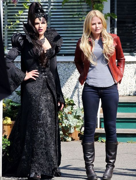 Slimming: Jennifer showed off her svelte shape in a fitted grey shirt and dark denim skinny jeans Red Biker Jacket, Regina And Emma, Steampunk Woman, Waistcoat Woman, Steampunk Women, Swan Queen, Queen Costume, Jennifer Morrison, Emma Swan