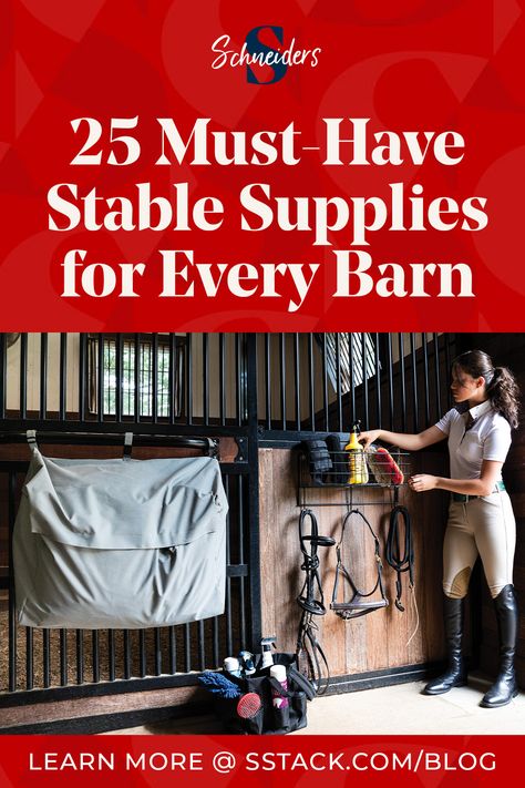 25 Must-Have Stable Supplies for Horse Barns Horse Stall Organization, Horse Barn Organization Ideas, Barn Organization Ideas, Equine Barns, Small Horse Barns, Horse Business, Horse Feeder, Horse Tack Rooms, Barn Hacks