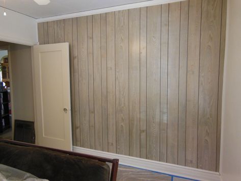 (The office, aka - Jefe's old room) White Wash Wood Paneling, How To Update Wood Panel Walls, Painted Paneling Before And After, Painting Paneling Walls, Whitewash Stained Wood, Cheap Paneling, White Washed Wood Paneling, Painting Over Paneling, Paint Wood Paneling