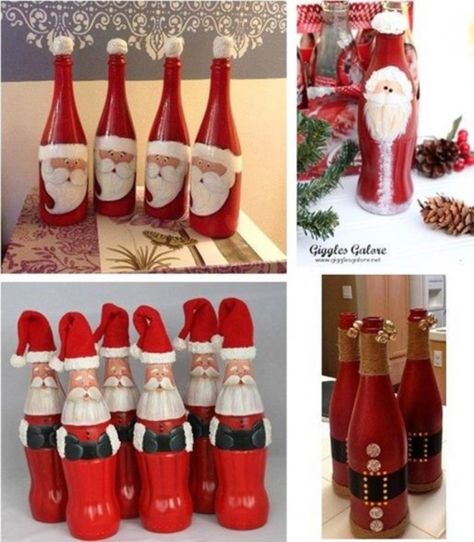 This coke bottle santa idea is a good idea for the home. Diy Santa Decorations, Coke Bottle Crafts, Painted Glass Bottles, Diy Santa, Santa Crafts, Glass Bottle Diy, Santa Decorations, Bottle Corks, Glass Bottle Crafts