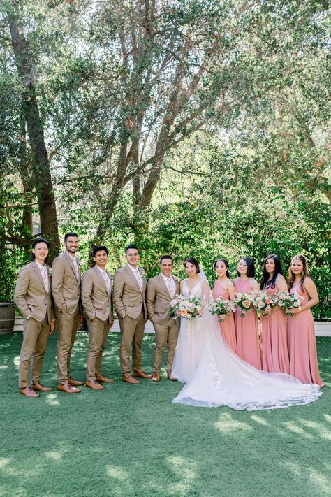 Groomsmen Attire Pink Wedding, Beige Suit Pink Tie, Pink Wedding Bridal Party, Pink Wedding Party Attire, Brown And Pink Wedding Theme, Coral Pink Bridesmaid Dresses, Pink And Green Wedding Party, Blue And Khaki Wedding, Pink Bridesmaid Dresses And Groomsmen