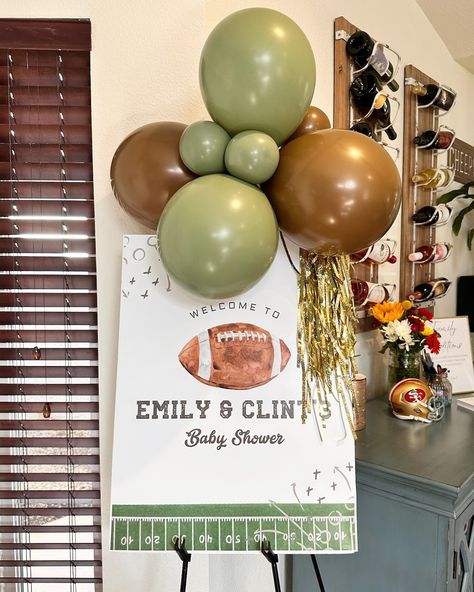 First Round Draft Pick Baby Shower 🏈 Custom balloon garland with Mylar, & party poofs in color palette: coffee, eucalyptus, & cream. Also seen here with our round top & spandex backdrop rental to bring together this football themed baby shower Superbowl Baby Shower Theme, Football Theme Baby Shower Ideas, Baby Shower Football Theme, Football Baby Shower Theme, Backdrop Rental, Sports Baby Shower Theme, Football Baby Shower, Football Couples, Sports Baby Shower