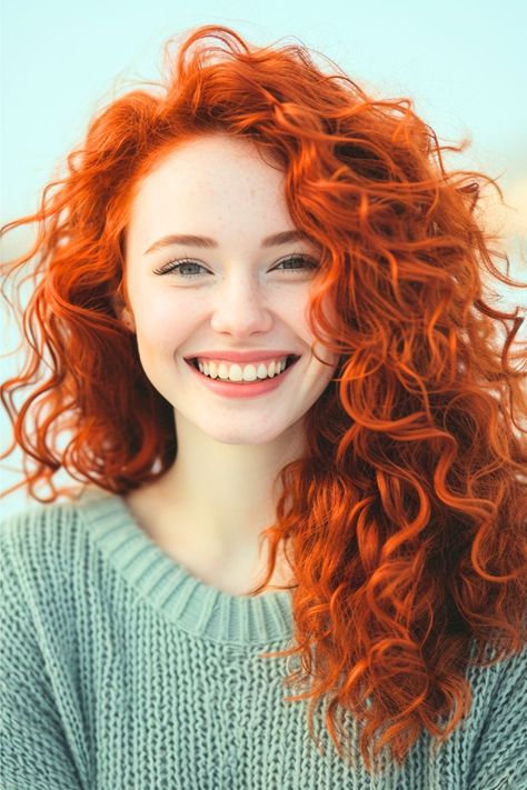 These orange copper curls are a lively cascade of vibrant, spirited ringlets that embody the fiery essence of a sunset. The bold color amplifies the exuberance of the curls, creating a look that's both fun and friendly. Click here to see more stunning red hair color ideas. Red And Orange Hair Color, Orange Copper Hair Color, Female Red Hair, Copper Orange Hair, Orange Hair Color Ideas, Orange Red Hair, Copper Curls, Orange Hair Color, Pretty Red Hair