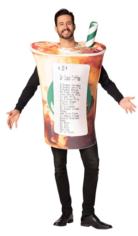 PRICES MAY VARY. Polyester Pull On closure Dry Clean Only AREN'T YOU EMBARRASSED?!: Your coffee order embarrasses me! The Barista's Nightmare Coffee Cup Costume has an annoying and absurdly, long list of ingredients printed out on the front label. INCLUDES: The costume includes a one piece coffee cup style tunic with a 3D straw and is printed on the front only. Wear over your own clothing for easy party wear. Pants & shirt not included. FIT & CARE: This costume is a one size and fits most adults Iced Coffee Costume, Coffee Cup Costume, Coffee Costume, Funny Cosplay, Halloween Express, Funny Coffee Cups, Halloween This Year, Couples Costumes, Coffee Humor