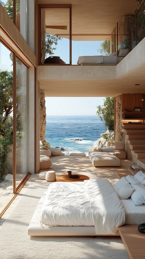 Beach House Esthetics, Moody Beach House Aesthetic, Modern Beach Room, Meditterean House Interior, Unrealistic Things I Want In My House, Beach Aesthetic House, Beachfront Architecture, Bethany Aesthetic, European Beach House