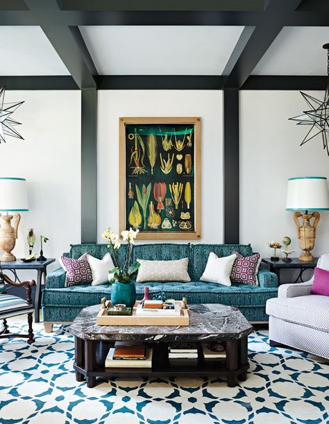 20+ Sofas That Make A Case For Decorating With Jewel Tones - House & Home Blue And Green Jewel Tone Living Room, Bold Sofa Living Room, Light Jewel Tone Living Room, Neutral And Jewel Tone Living Room, Jewel Tone Basement, Decorating With Jewel Tones, Jewel Toned Decor, Jewel Tone Apartment, Jewel Tone Kitchen