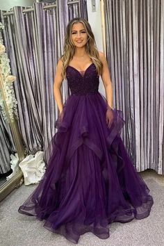 Tiered Prom Dress, Purple Tulle, Evening Dresses Uk, Beaded Party Dress, Purple Prom, Purple Gowns, Tulle Evening Dress, Purple Prom Dress, Womens Prom Dresses