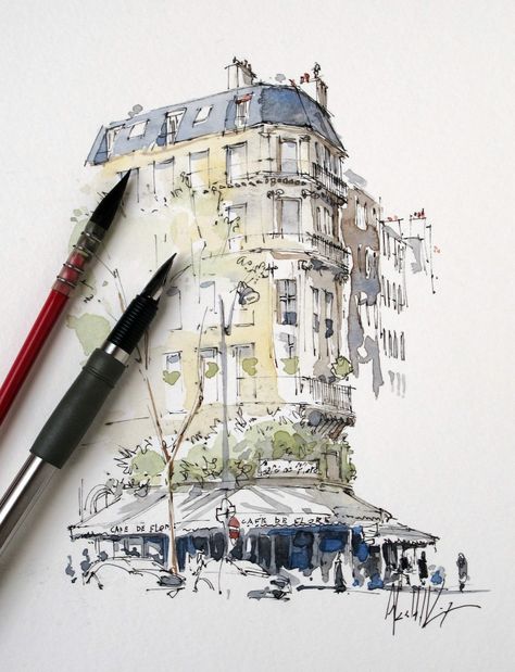 Watercolor Architecture, Architecture Sketchbook, Architectural Sketch, 수채화 그림, Urban Sketchers, Landscape Drawings, A Pen, Sketch Painting, Urban Sketching