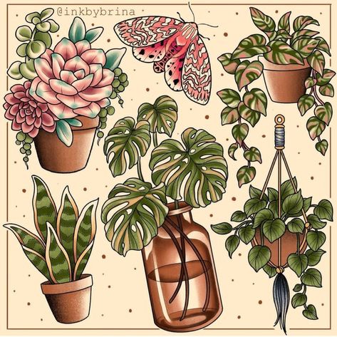 Pink Tattoo Traditional, Plant Tattoo Flash Sheet, Cute Tattoo Sleeve Ideas, Neotraditional Plant Tattoo, Color Plant Tattoo, Fruit Flash Tattoo, Cute Plant Tattoos, Plant Flash Tattoo, Pink Pothos