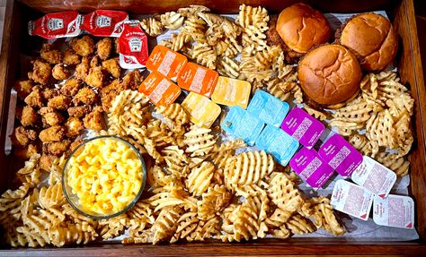 Chik Fil A Charcuterie, Chic Fil A Charcuterie Board, Chick Fil A Charcuterie Board Ideas, Chickfila Board, Sleepover Charcuterie Board, Chickfila Charcuterie Board, Chick Fil A Catering Display, Chick Fil A Charcuterie Board, Chick Fil A Board