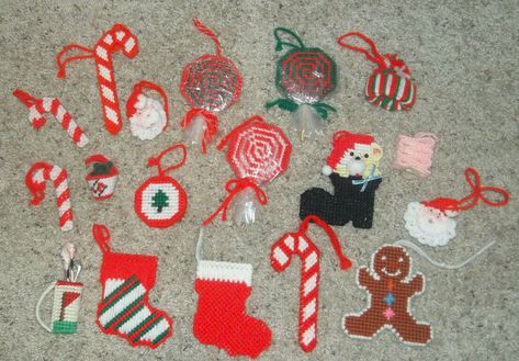 Handmade Plastic Canvas Christmas Ornaments (Lot of 18) - Candy Cane, Santa,... Christmas Plastic Canvas Ornaments, Christmas Plastic Canvas Patterns Free, Plastic Canvas Christmas Ornaments, Plastic Canvas Candle, Christmas Plastic Canvas, Candy Cane Lollipops, Candy Cane Sleigh, Canvas Ornaments, Needlepoint Christmas Ornaments