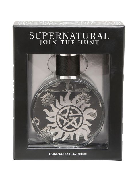 Join the hunt while smelling Winchester good! This exclusive fragrance inspired by<i> Supernatural </i>comes in a glass bottle featuring anti-possession symbols.<br><br>Housed in a collectible window box!<br><br>Fragrance notes: Jasmine, rose, plum, woods, vanilla & amber.<br><ul><li style="LIST-STYLE-POSITION: outside !important; LIST-STYLE-TYPE: disc !important">3.4 fl. oz.</li><li style=&qu... Supernatural Anti Possession, Supernatural Jewelry, Supernatural Outfits, Supernatural Merchandise, Goth Outfit Ideas, Supernatural Wallpaper, Supernatural Pictures, Jasmine Rose, Bath And Body Works Perfume