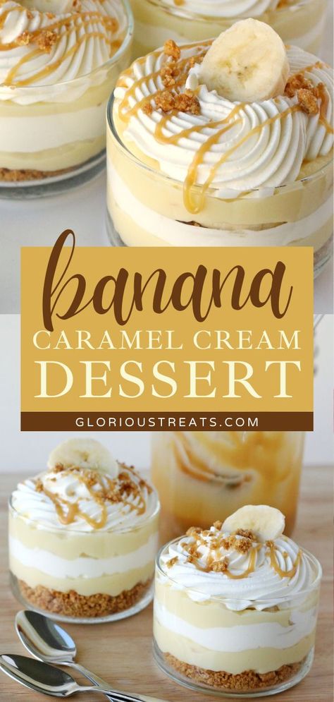 Banana Caramel Cream Dessert, spring dessert ideas, Easter desserts Banana Cup Dessert, Cream Cheese Easter Dessert, Easter Desserts Pudding, Banana Caramel Trifle, Easter Banana Pudding Dessert, Easter Desserts Individual, Banana Cream Pie Trifle, Banana Cream Trifle Desserts, Banana Caramel Cream Dessert