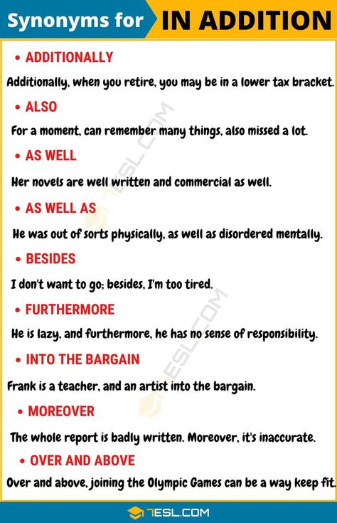 In addition Synonym! This lesson provides a list of commonly used synonyms for in addition with ESL pictures and useful example sentences. Learning these words Transition Words And Phrases, Other Ways To Say, Transition Words, Essay Writing Skills, Conversational English, Good Vocabulary Words, Good Vocabulary, English Writing Skills, English Idioms