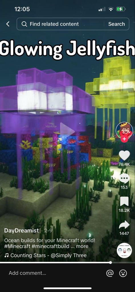 Minecraft Underwater Base Ideas, Aquatic Minecraft Builds, Minecraft Coral Reef Build, Minecraft Sea Creature Build, Jellyfish Minecraft Build, Fish House Minecraft, Ocean Minecraft Builds, Minecraft Aquarium Building, Minecraft Sea House