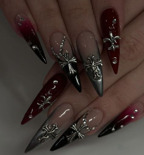 Dystopian Nails, Dark Gel X Nails, Vampy Nails Acrylic, Dark Red And Silver Nails, Gothic Nails Almond, Red And Black Chrome Nails, Rhinestone Nails Black, Gothic Winter Nails, Black And Red Glitter Nails