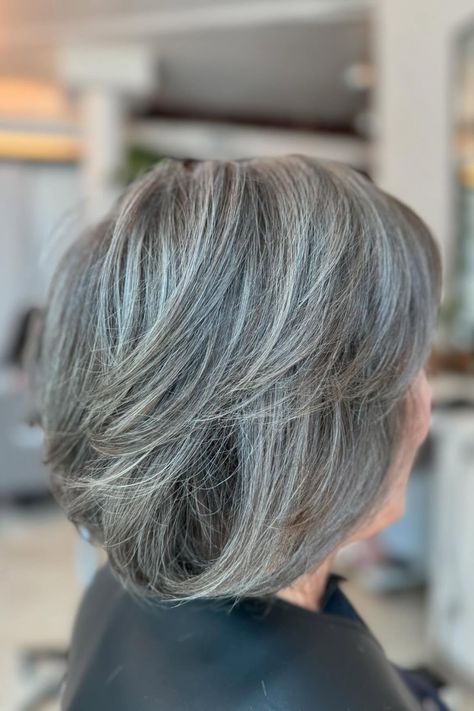 25+ Beautiful Brunette Grey Blending Ideas for Women of All Ages - Flo's Blog Lowlights For Grey Hair Over 50, Salt And Pepper Hair Color Ideas, Mushroom Brown Lowlights, Highlights On Gray Hair, Blended Grey Hair, Salt And Pepper Highlights, Darker Lowlights, Grey Hair With Brown Lowlights, Herringbone Highlights