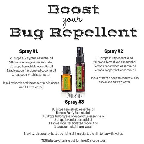 It's that time of year! doTERRA has a bug repellent called TERRASHIELD. It is an AMAZING product but sometimes people want more of a "kick" to their Terrashield and are looking for more recipes. Here are some very simple & great recipes to make your own homemade bug spray. The main ingredient you will need are essential oils. There are a few different recipe options below. The best essential oils to use for insect & pest repellant are citronella, lavender, peppermint, cedar wood, lemon... Doterra Spider Repellent, Doterra Bug Repellent, Doterra Bug Spray, Doterra Terrashield Bug Spray Recipe, Insect Spray Essential Oils, Bug Repellent Essential Oils Roller, Lavender Oil Benefits, Bug Repellent Spray, Homemade Bug Spray